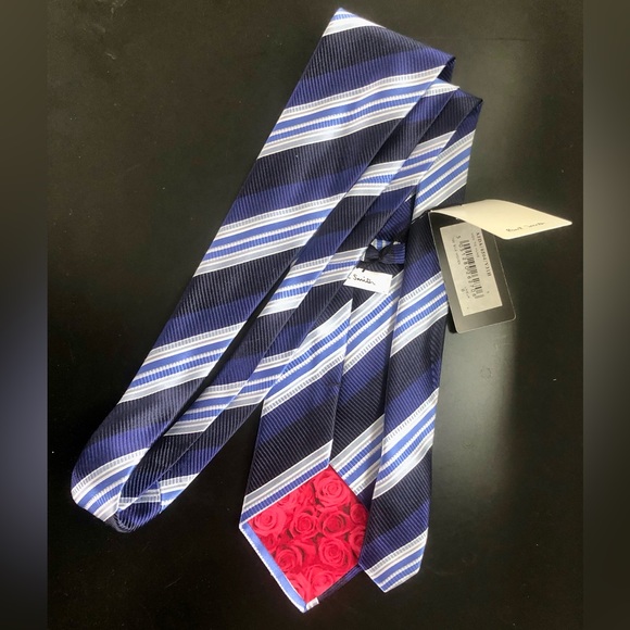 New NWT Paul Smith navy blue white silk stripes collegiate tie Italy Retail $228 - Picture 2 of 5